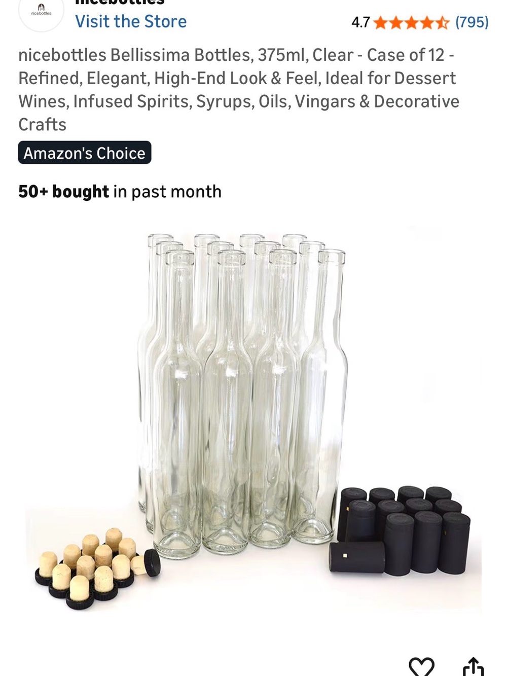 Bellissima Clear Glass Bottles with Black Caps and Natural Corks - 12 Pack